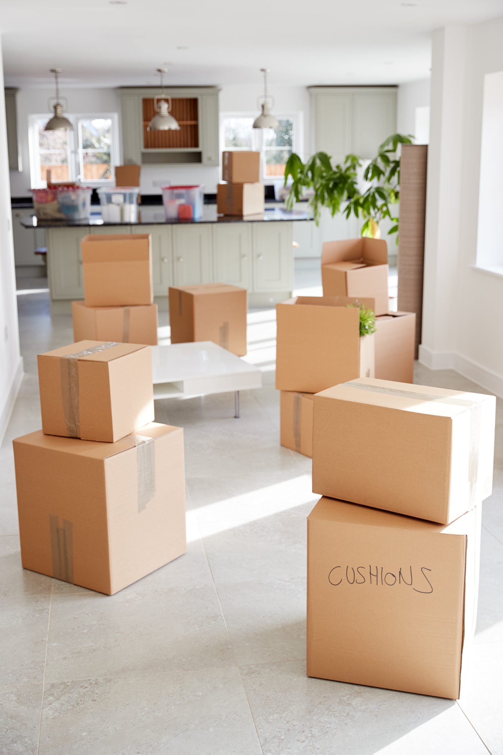 moving boxes in kitchen room taped up